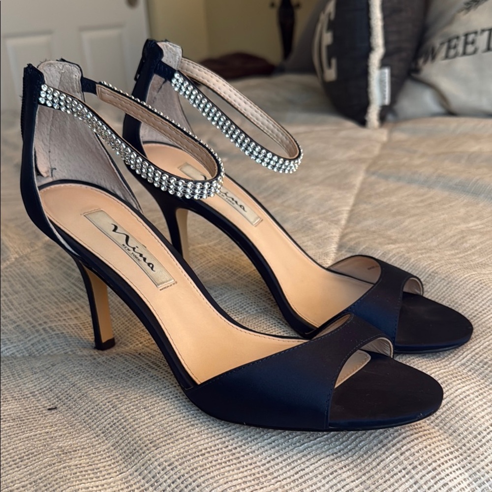 Nina Black Satin Heels with Rhinestone Strap